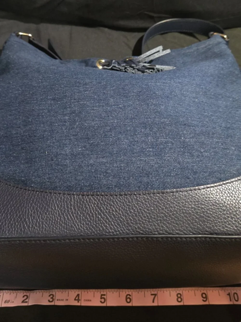 Talbots Denim Leather Hobo Shoulder Bag Tassel Navy Gold